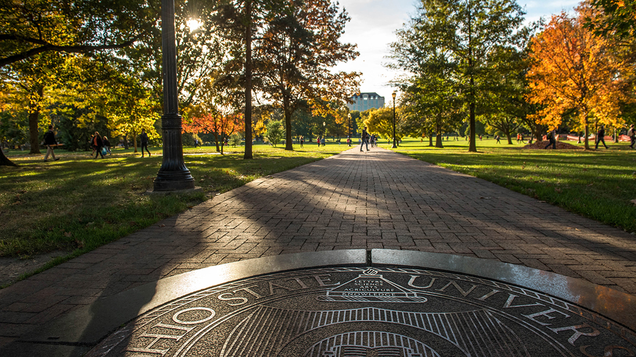 The Ohio State University Seal on the Oval in the fall